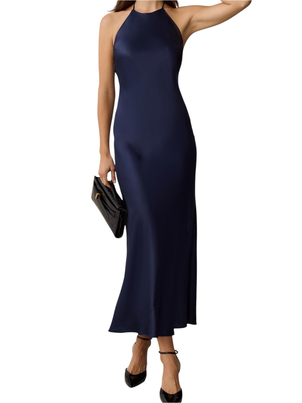 Few Moda Kourt Vita Silk Dress Navy Blue Halter Maxi Backless NWT